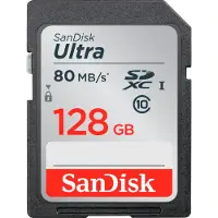 SanDisk Ultra, 128 GB, SDXC, Klasse 10, UHS-I, 80 MB/s, Magnetsicher, Schockresistent, Temperaturbeständig, Wasserdicht