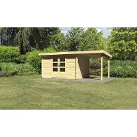 Karibu Gartenhaus Blockbohlenhaus Gerätehaus Bastrup 7 im Set mit Anbaudach 2 m breit naturbelassen 539x297x222 cm