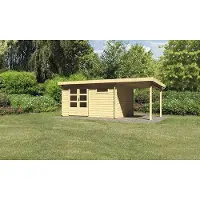 Karibu Gartenhaus Blockbohlenhaus Gerätehaus Bastrup 8 im Set mit Anbaudach 2 m breit naturbelassen 569x297x220 cm
