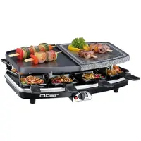 Cloer 6435 Raclettegrill mit geteilter Naturstein- und Alu-Druckgussplatte, inkl. 8 antihaftbeschichteter Raclette-Pfännchen, Temperaturregler und Kontrolllampe, 1200 W