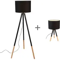 QAZQA - Modern Set aus schwarzer Tischleuchte I Tischlampe I Lampe I Leuchte und Stehleuchte I Stehlampe I Standleuchte I Lampe I Leuchte mit Schirm - Pip I Wohnzimmer I Schlafzimmer - Holz Rund - LED