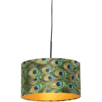 QAZQA - Klassisch I Antik Hängelampe I Pendellampe I Pendelleuchte mit Veloursschirm Pfau mit Gold I Messing 35 cm - Combi I Wohnzimmer I Schlafzimmer - Textil Zylinder I Länglich I Rund - LED geeigne