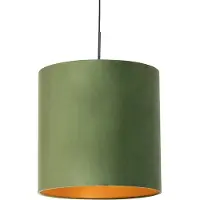 QAZQA - Landhaus I Vintage I Rustikal Hängelampe I Pendellampe I Pendelleuchte mit Veloursschirm grün mit Gold I Messing - Combi I Wohnzimmer I Schlafzimmer - Textil Zylinder I Länglich I Rund - LED g