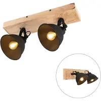 JUST LIGHT - Landhaus I Vintage I Rustikal Cool Spot I Spotlight I Deckenspot I Deckenstrahler I Strahler I Lampe I Leuchte schwarz mit Holz 2-flammig Lichter - Fors I Wohnzimmer I Schlafzimmer - Stah