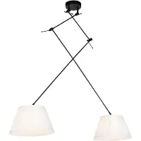 QAZQA - Klassisch I Antik Hängelampe I Pendellampe I Pendelleuchte mit plissierten Schatten Creme 35 cm - Blitz II schwarzI 2-flammig I Wohnzimmer I Schlafzimmer - Textil Zylinder I Länglich I Rund -