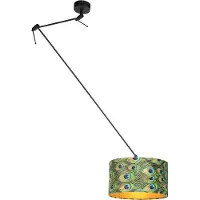 QAZQA - Klassisch I Antik Hängelampe I Pendellampe I Pendelleuchte mit Veloursschirm Pfau mit Gold I Messing 35 cm - Blitz I schwarz I Wohnzimmer I Schlafzimmer - Textil Zylinder I Länglich I Rund - L