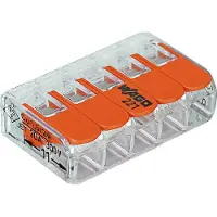 Wago Fjeder Samlemuffe 5x0,2-4 mm². Transparent plast, med orange vipper, skrueløs, Halogenfri. BLISTERPAKKE 8 stk