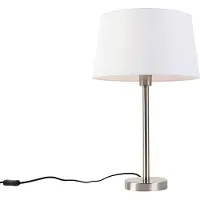 QAZQA - Moderne Tischlampe Stahl I Silber I nickel matt mit weißem Schirm 32 cm - Simplo I Wohnzimmer I Schlafzimmer - Textil Rund - LED geeignet E27