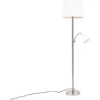 QAZQA Klassische Stehlampe Stahl mit Weißem Schirm und Leselampe Retro