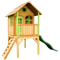 Axi Spielhaus Laura mit grüner Rutsche | Stelzenhaus in Braun & Grün aus Holz für Kinder | Spielturm mit Wellenrutsche für den Garten