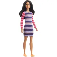 Barbie Fashionistas-Puppe Nr. 147 mit langen brnetten Haaren, gestreiftem Kleid, orangefarbenen Schuhen und Halskette, Spielzeug fr Kinder von