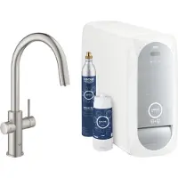 GROHE Blue Home Einhand-Spültischarmatur Starter Kit, Ausladung 219mm, C-Auslauf, mit Filter- und Kühlfunktion, herausziehbar, 31541DC0, Farbe: Supersteel