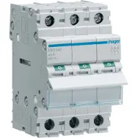 Hager SBN340. Nennstrom: 40 A. Typ: B-type, Module Menge (max): 3 Modul(e). Breite: 52,5 mm, Tiefe: 68 mm