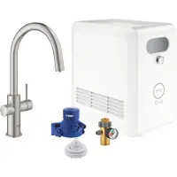 GROHE Blue Professional Einhand-Spültischarmatur Set, Ausladung 219mm, C-Auslauf, mit Filter- und Kühlfunktion, herausziehbar, 31325DC2, Farbe: Supersteel