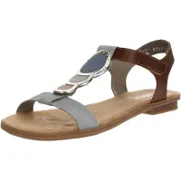 Rieker Riemchensandale , Damen, Gr. 41, grau (grau, braun), Lederimitat, mehrfarbig, Schuhe Riemchensandale, Sommerschuh, Sandalette, Blockabsatz, mit angesagtem Schmuckelement