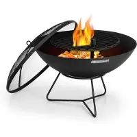 Blumfeldt Orbit - 3-in-1 Stahl-Feuerschale: Feuerstelle, Grill und Gartentisch in einem, Ø 60 cm, 4-fach höhenverstellbarer Grillrost aus solidem Stahl: Ø 40 cm, Feuerschale mit Funkenschutz, schwarz
