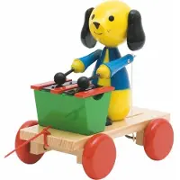 Woody Holz Nachziehtier Hund / Pull Along Doggy, mit Xylophon, zum nachziehen.