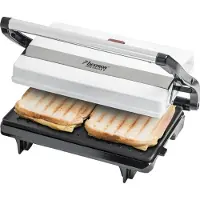 Bestron Kontaktgrill mit Auffangschale, Sandwichmaker mit Cool-Touch-Handgriff, Paninimaker mit Antihaftbeschichtung, 700 Watt, APM123W, Farbe: Weiß