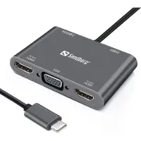 Sandberg USB-C Dock 2xHDMI+1xVGA+USB+PD, Kabelgebunden, USB 3.2 Gen 1 (3.1 Gen 1) Type-C, Grau, 4K Ultra HD, 3840 x 2160 Pixel, 1920 x 1080 Pixel