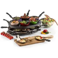 OneConcept Woklette - Raclette Grill , Tischgrill , Partygrill , Leistung: 1200 Watt, stufenlos regulierbare Temperatur , inkl. 8 Pfännchen und Holzspatel , Antihaftbeschichtung , schwarz