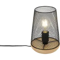 QAZQA - Design Tischlampe schwarz mit Holz - Bosk I Wohnzimmer I Schlafzimmer - Stahl Rund - LED geeignet E27