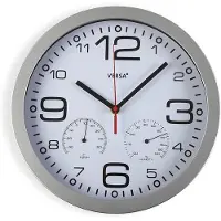 Versa Pamuk Wanduhr - Leiser und dekorativer, für die Küche oder das Wohnzimmer mit Hygrometer und Thermometer, Maßnahmen (H x L x B) 30 x 4,1 x 30 cm, Aluminium und Glas, Farbe: Silber und Schwarz