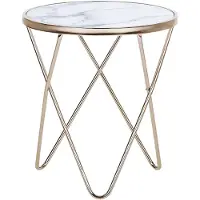 Beliani Beistelltisch Weiß Gold Sicherheitsglas Metall 50 x 55 cm V förmigen Füße Couchtisch Glänzend Marmor Optik Rund Modern
