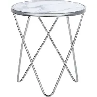 Beliani Beistelltisch Weiß Silber Sicherheitsglas Metall 50 x 55 cm V förmigen Füße Couchtisch Glänzend Marmor Optik Rund Modern