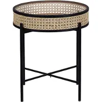 Beliani Beistelltisch Beige Rattan Rund 36 cm mit Metallgestell Schwarz Wiener Geflecht Boho Stil Wohnzimmer Schlaffzimmer Sofatisch