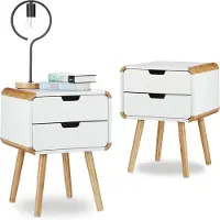 Relaxdays 2x Nachttisch mit 2 Schubladen Weiß,Hellbraun