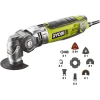Ryobi – Multifunktionswerkzeug 300 W – Tasche mit Schleifpad, 24 Schleifblättern und -scheiben (Holz/Metall, Tauch- und Diamantschleifscheiben) – RMT300-SA