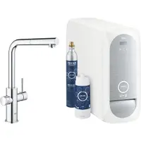 GROHE Blue Home Einhand-Spültischarmatur Starter Kit, Ausladung 223mm, L-Auslauf, herausziehbar, mit Filter- und Kühlfunktion, 31539000, Farbe: Chrom