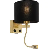 QAZQA - Modern Art Deco Wandlampe Gold I Messing mit USB und schwarzem Schirm - Brescia I Wohnzimmer I Schlafzimmer I Nachttischleuchte - Stahl Rund - I E27