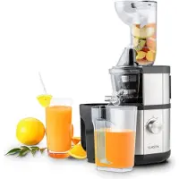 Klarstein Fruitberry, Entsafter, vertikale Saftpresse, extrem feine Edelstahl-Mikrosieb, Slow Juicer, 400 W, Umdrehungszahl 60 Um/Min, BPA-frei, inkl. zwei Behälter, 8,5cm Einfüllrohr, leise, silber