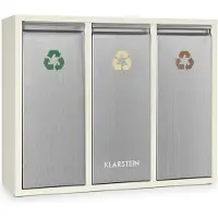 Klarstein Ordnungshüter 3 - Mülltrennsystem, Mülleimer, Mülltrenner, 45 Liter (3 x 15 L), Frontklappen mit Griff, Edelstahlgehäuse, farbliche Kennzeichnung, Recycling, creme-silber