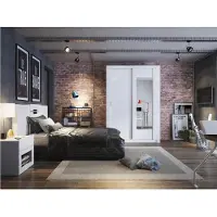 Vente-unique PETTERI Kleiderschrank - 2 Paar Schiebetüren - Spiegel - Länge 152 cm - Farbe Weiß