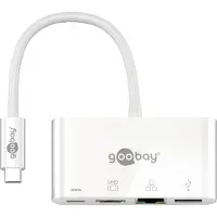 Goobay USB-C Multiport-Adapter HDMI+Ethernet, PD, weiß, erweitert ein USB-C Gerät um einen Ethernet-, einen HDMI- und einen USB 3.0-Anschluss
