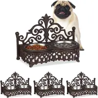 Relaxdays 4 x Futterbar Hunde Antik-Stil Dunkelbraun,Silber