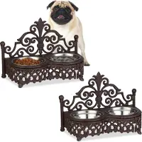 Relaxdays 2 x Futterbar Hunde Antik-Stil Dunkelbraun,Silber