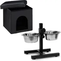 Relaxdays Set Hundehaus Futterstation Schwarz,Silber