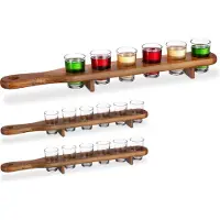 Relaxdays 3 x Schnapsbrett Holz mit je 6 Gläsern Braun,Transparent