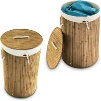 Relaxdays 2 x Wäschekorb Bambus rund natur Weiß,Hellbraun