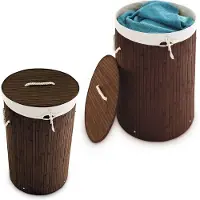Relaxdays 2 x Wäschekorb Bambus rund braun Weiß,Braun