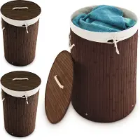Relaxdays 3 x Wäschekorb Bambus rund braun Weiß,Braun