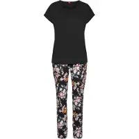 S.oliver Red Label Pyjama , Damen, Gr. 32/34, schwarz, Single Jersey, Obermaterial: 50% Baumwolle, 50% Viskose, geblümt, unifarben, Basic, bequem lang, Rundhals, Homewear-Sets Pyjama, mit Blumenmuster