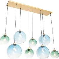 QAZQA - Art Deco Hängelampe I Pendellampe I Pendelleuchte Messing mit blauem und grünem Glas 8 Lichter - Sandra I Wohnzimmer I Schlafzimmer - Länglich - LED geeignet E27