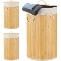 Relaxdays 3 x Wäschekorb Bambus rund creme Weiß,Creme