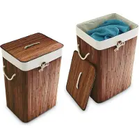 Relaxdays 2 x Wäschekorb Bambus eckig braun Braun,Creme