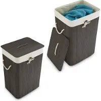 Relaxdays 2 x Wäschekorb Bambus eckig schwarz Creme,Schwarz