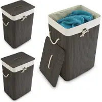 Relaxdays 3 x Wäschekorb Bambus eckig schwarz Creme,Schwarz
